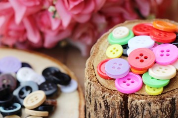 Sewing accessories for sewing on wood background