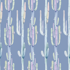 Hand drawn watercolor saguaro cactuses seamless pattern