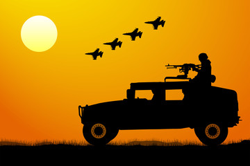 Fototapeta premium Military operation at sunset silhouette. Attack of the invasion, aircraft fighter, tank, jeep, soldier