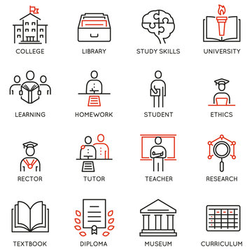 Vector set outline icons related to educational process, career progress, training, tutorship and professional consulting service. Mono line pictograms and infographics design elements - 1