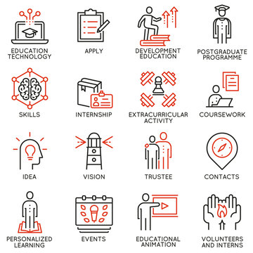 Vector set outline icons related to educational process, career progress, training,  tutorship and professional consulting service. Mono line pictograms and infographics design elements - 2