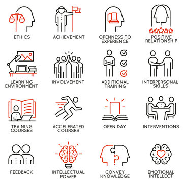 Vector set outline icons related to educational process, career progress, training, tutorship and professional consulting service. Mono line pictograms and infographics design elements - 3