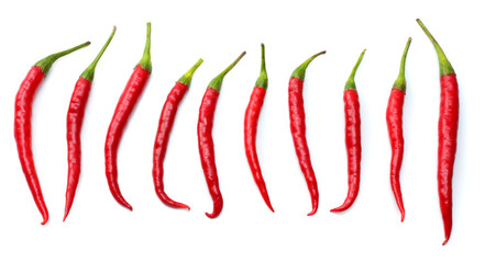 red hot chili peppers isolated on white background top view