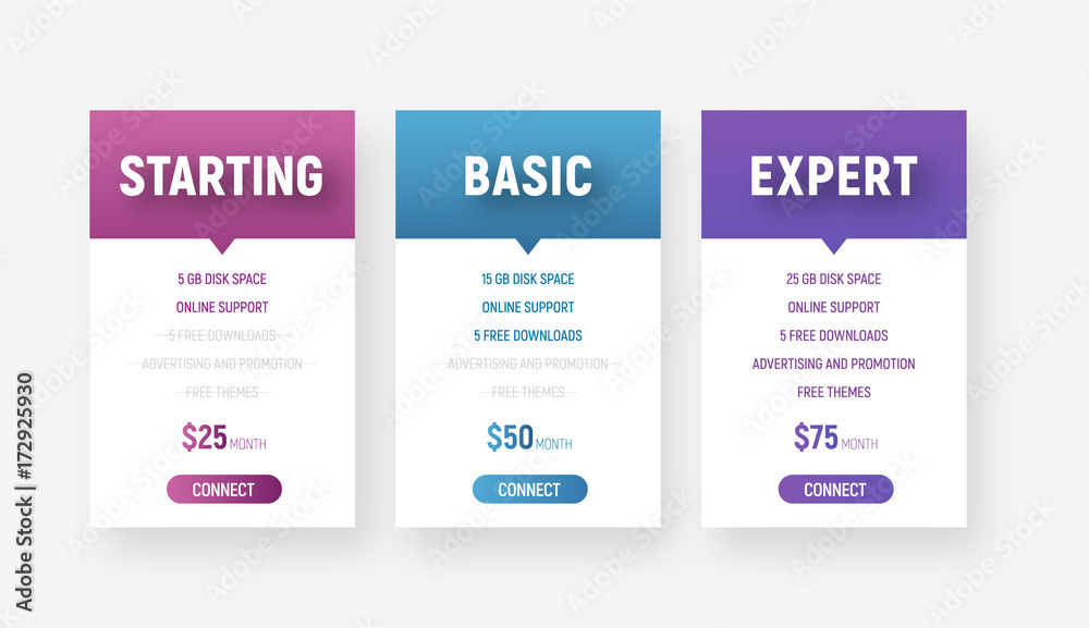 Poster set of web price tables in a minimalist modern style