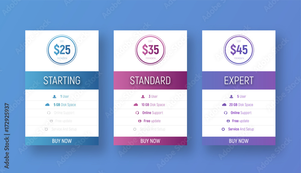 Poster Design of vector white price tables with a color gradient
