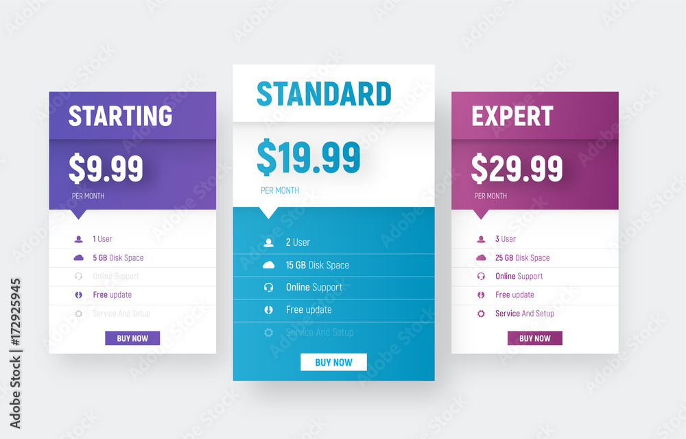 Poster Vector web price tables template with an arrow and tariff name