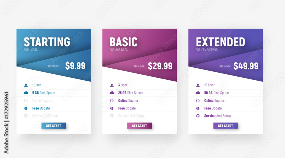 Poster set of white web price tables with diagonal design elements with a gradient for the name of the tariff and valuable