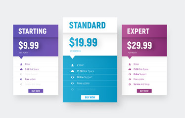 Vector web price tables template with an arrow and tariff name