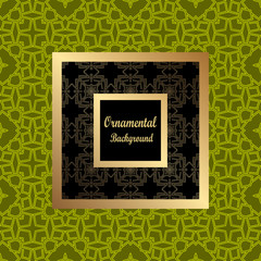 Vintage pattern on colored background with golden ornamental frame