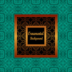Vintage pattern on colored background with golden ornamental frame
