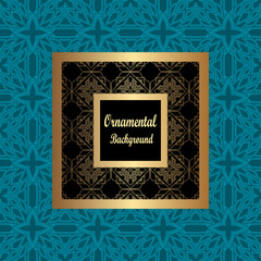 Vintage pattern on colored background with golden ornamental frame
