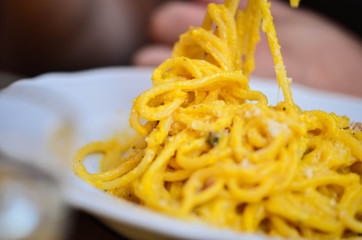 italian pasta close up - carbonara, sea food, bolognese