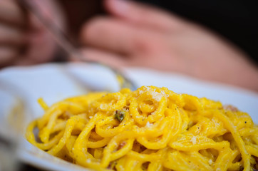 italian pasta close up - carbonara, sea food, bolognese