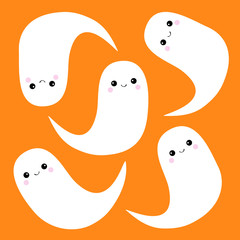 Flying ghost spirit set. Happy Halloween. Five scary white ghosts. Cute cartoon spooky character. Smiling Sad face, frightening scaring. Orange background. Greeting card Isolated. Flat design.
