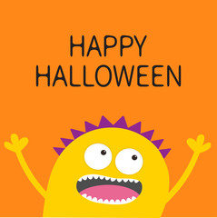 Happy Halloween card. Screaming spooky yellow monster head silhouette. Two eyes, teeth, tongue, hands. Funny Cute cartoon character. Baby collection. Flat design. Orange background.