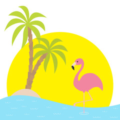 Pink flamingo standing on one leg. Two palms tree, island, ocean, see water, big sun sunset. Exotic tropical bird. Cute cartoon character. Zoo animal. Flat design. White background. Isolated.