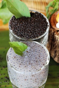 Raw basil seeds for health and basil leaves