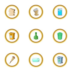 Waste icons set, cartoon style