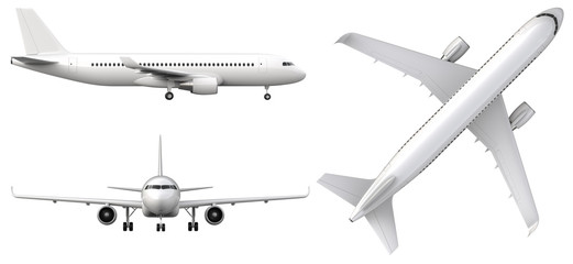 High detailed white airplane, 3d render on a white background. Airplane in profile, from the front and top view isolated 3d illustration Airline Concept Travel Passenger planes set. Jet commercial