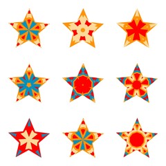 Set of decorative stars, collection of artistic symbols collection, colorful elements, ethnic, tribal decoration, geometric patterns isolated on white