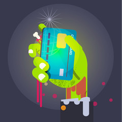 Zombie business hand holding a bloody blank credit card. Bad used for Credit card money. poor concept - vector illustration