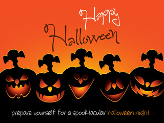 Orange pumpkin with smile for your design for the holiday Halloween. Happy Halloween - Banner mit kalligrafischen Schriftzug, Fledermäusen und Spinnennetz. Halloween pumpkin with scary face.