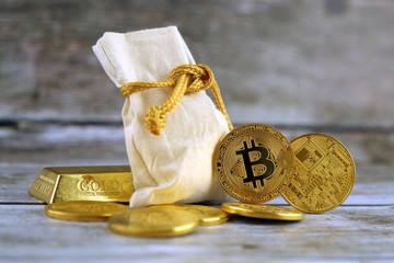 Physical version of Bitcoin, new virtual money. Conceptual image for worldwide cryptocurrency and...