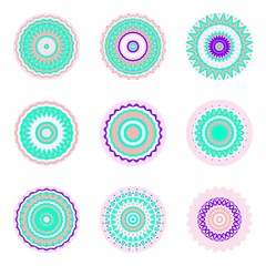 Floral emblems, round decorative ornaments isolated on white, bright colorful mandala patterns set, eastern, islamic, muslim, japanese, indian circular symbols collection.