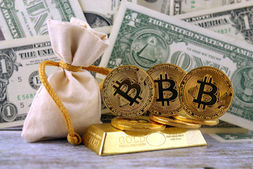 Physical version of Bitcoin, new virtual money. Conceptual image for investors in cryptocurrency,...