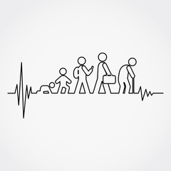 Lline of the pulse with man lifecycle from birth to old age in silhouettes.Vector illustration.