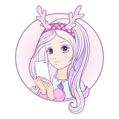 Young nice girl with long multi colored pink hear and deer's hor