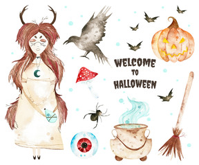 Obraz na płótnie Canvas This halloween set included magic cauldron,eye,broom,little witch,bats,crazy pumpkin.This collection perfect for decorating your halloween sketchbook,notepad,for create wreaths and patterns.
