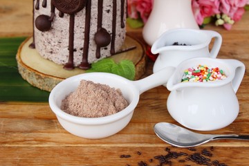 Chocolate roll cake with biscuits is delicious
