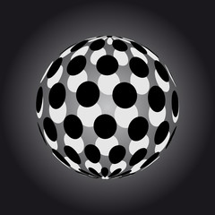 Abstract globe dotted sphere, 3d halftone effect vector background. Black and white vector illustration.