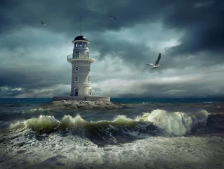 Foto op Canvas Vuurtoren op de zee onder de hemel © Andrii IURLOV