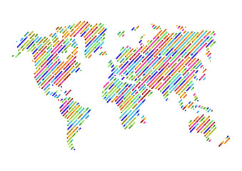 Abstract Hatched World Map with Color Lines. World Stripes Map
