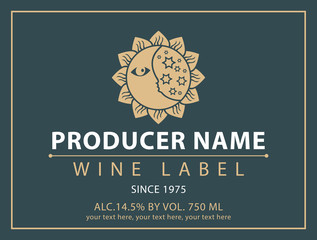 Vector label for bottle of wine with the sun and the moon in the shape of a flower in retro style