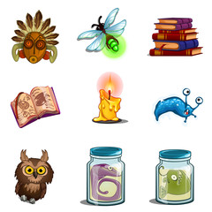 Halloween symbols - owl, mask, insect, book of spells, formalin mutant, candle. Nine vector icons set isolated on white background