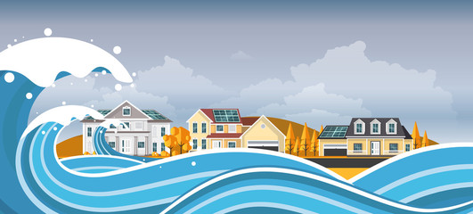Tsunami, Flood Disaster, Vector Illustration. Overflooded Landscape. Eps 10