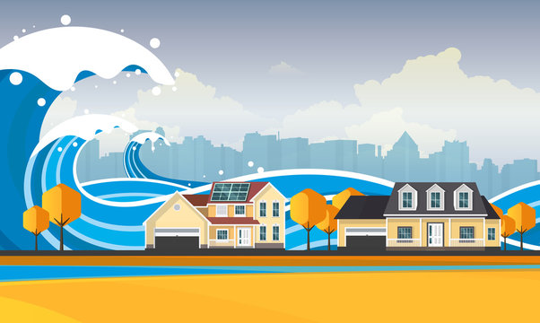 Tsunami, Flood Disaster, Vector Illustration. Overflooded Landscape. Eps 10