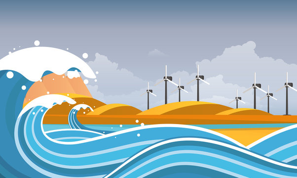 Tsunami, Flood Disaster, Vector Illustration. Overflooded Landscape. Eps 10