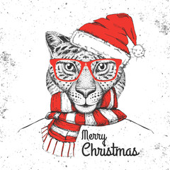 Christmas Hipster fashion animal cheetah dressed  a New Year hat and scarf