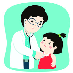kid on medical check up with male pediatrician doctor. Vector illustration in a flat style.