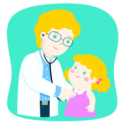 kid on medical check up with male pediatrician doctor. Vector illustration in a flat style.