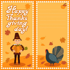 Happy thanksgiving day card with child leafs and congratulation lettering. Vector illustration family holiday. Boy turkey pumpkin.