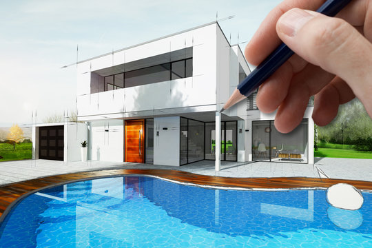 Esquisse d'une maison d'architecte avec piscine