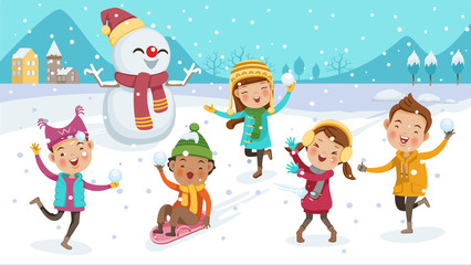 children kids playing outdoors in winter. little boy riding on snow slides. cute little children Group. Play snow fun. Portrait  in warm clothes. snowflakes scattering.