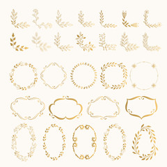 Set of hand drawn golden corners and frames. Vector. Isolated.