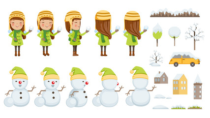 Girl and Snowman animated character set. icons with different types , front, rear, side view,of female person. Snowfall and snowflakes in Winter scenery. cheerful playing in snow. Winter fun Concept. 