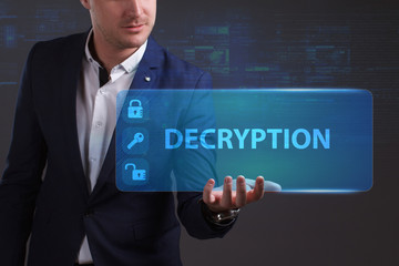 Business, Technology, Internet and network concept. Young businessman working on a virtual screen of the future and sees the inscription: Decryption